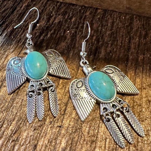 Turquoise Stone Feather Silver Bird Earrings - Picture 10 of 16